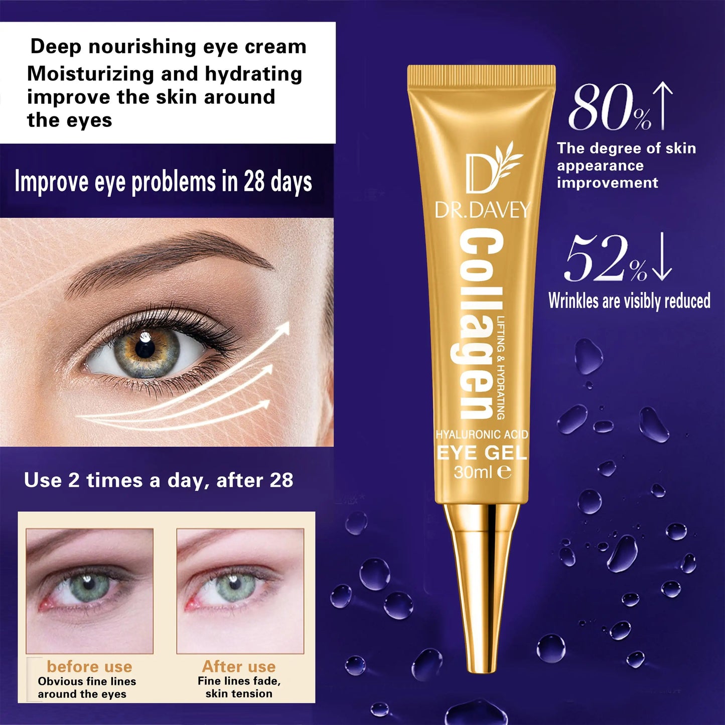 DR.DAVEY Collagen Eye Cream for Dark Circles, Rapid Wrinkle Repair, Daily Anti-Aging Under Eye Cream with Collagen & Hyaluronic Acid to Fight Fine Lines, Wrinkles, & Dark Spots - 30mls